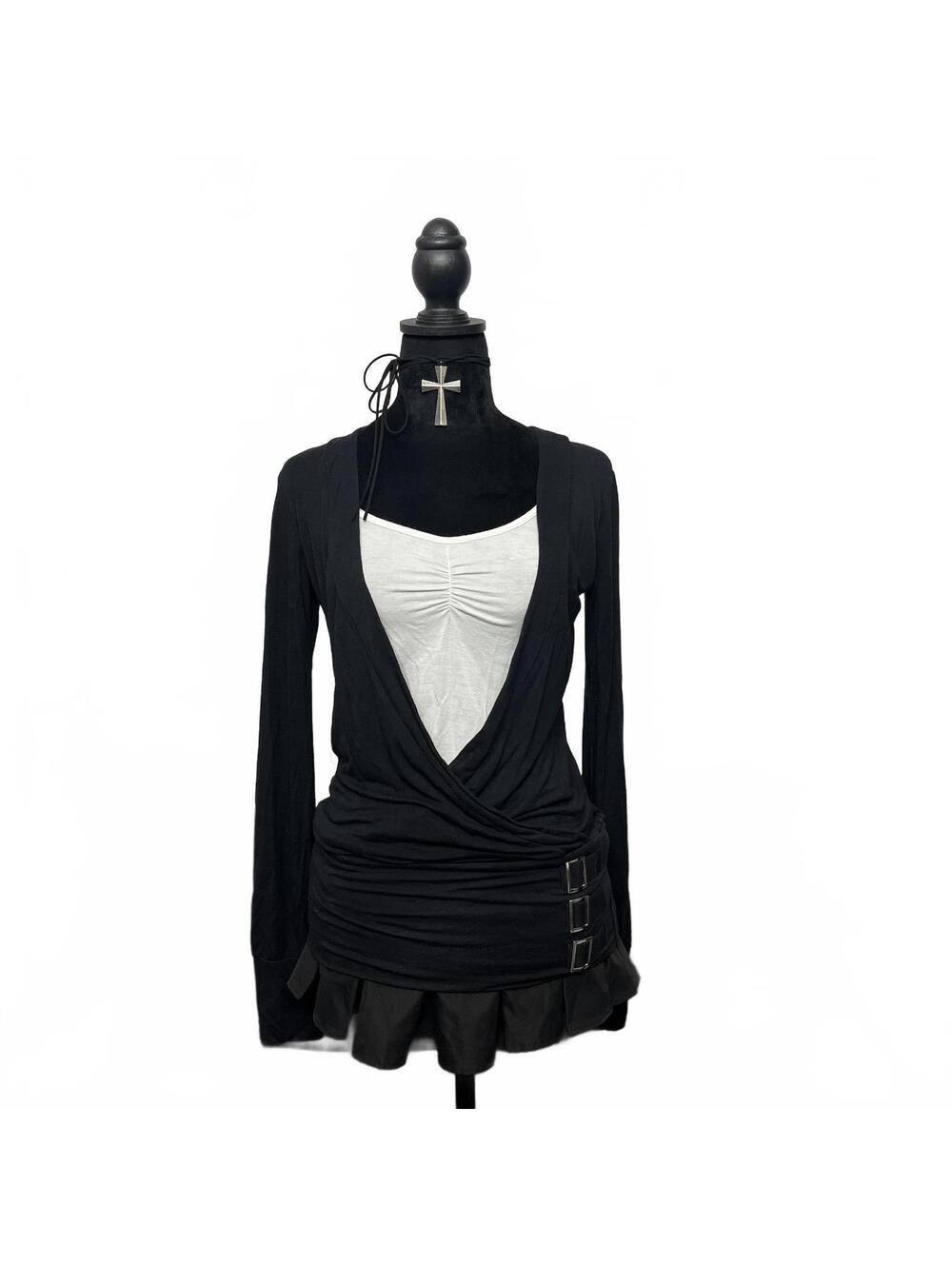 Y2K UK2LA Sz M Black White Layered Long Sleeve Top Buckle Hardware Details 2000s